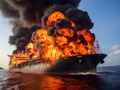Large general ship had a lot of fire and smoke at sea in bright day