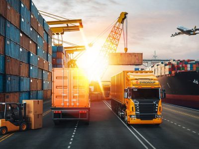 Transportation and logistics of Container Cargo ship and Cargo plane. 3d rendering and illustration.